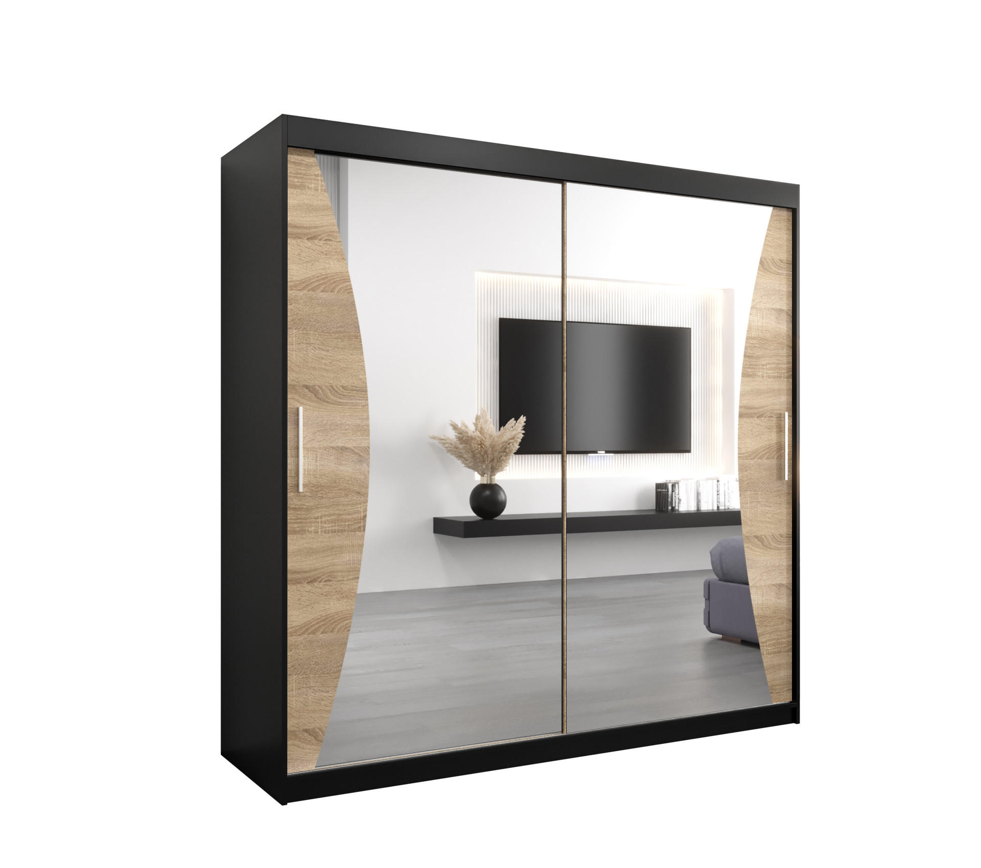 Abiks Möbel Schwebetürenschrank Schwarz, Sonoma Eiche 200x200x62 cm