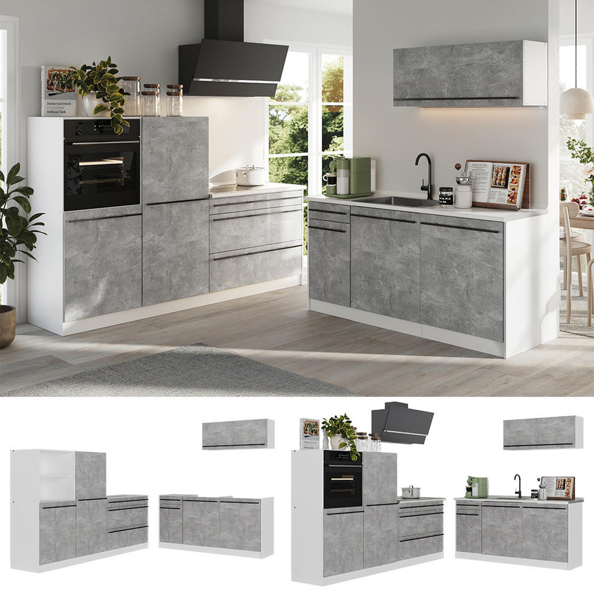 KUCHYŇSKÝ KOUT R-Line, Beton/Bílá, 220 cm pracovná doska Dub Goldkraft - šedá/bílá, kompozitní dřevo (220/143/60cm) - Vicco