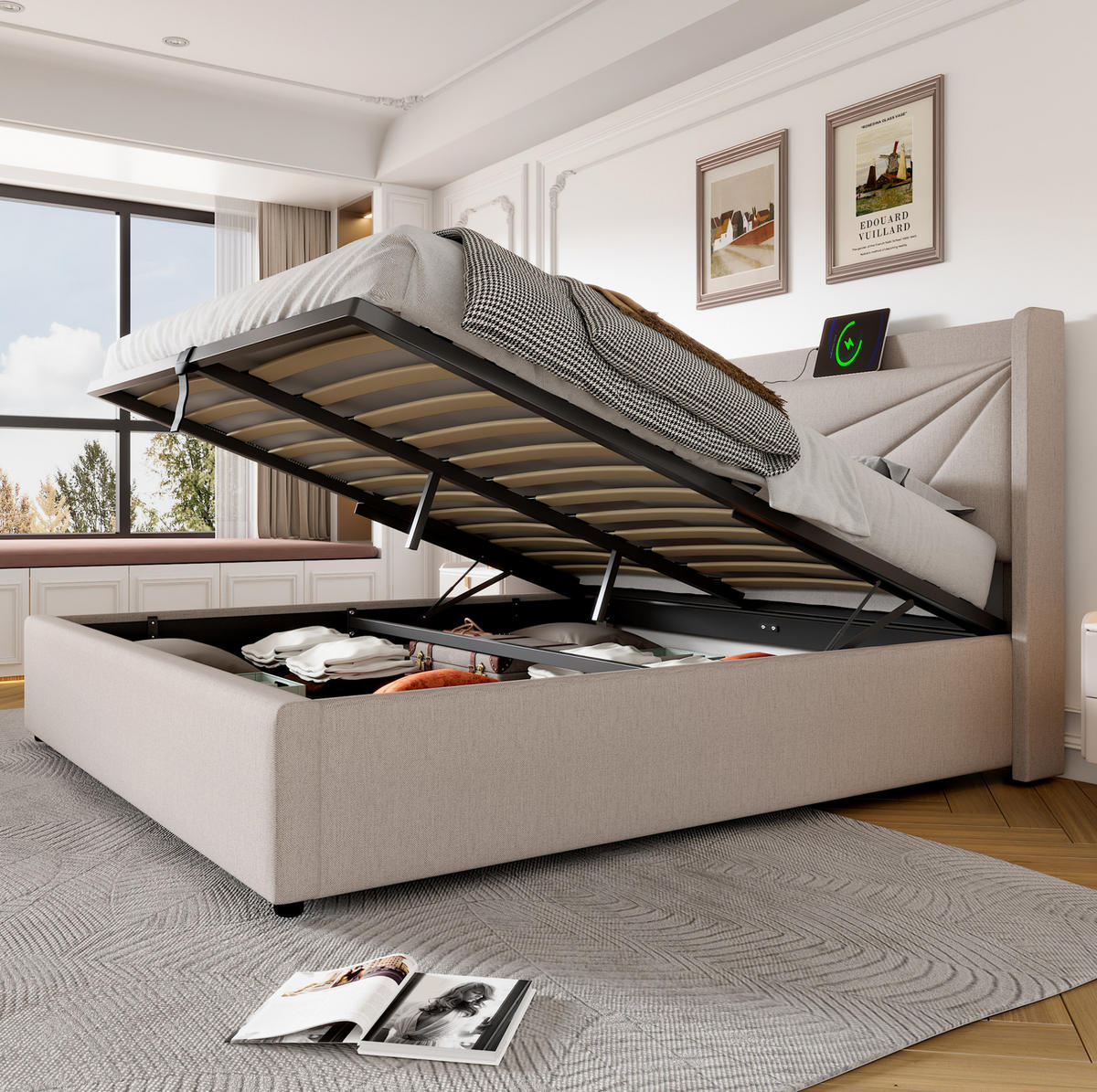 POLSTERBETT 140/200 cm Beige mit Stauraum und USB- und Type-C-Anschlüssen aus Baumwoll-Leinen - Beige, Textil (140/200cm) - OKWISH