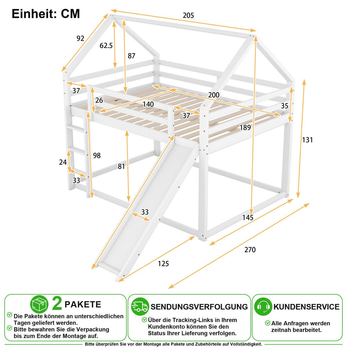 ETAGENBETT 140/200 cm & 140/200 cm in Weiß mit Rutsche und Leiter - Weiß, Holz/Holzwerkstoff (140/200cm) - CHICFURN