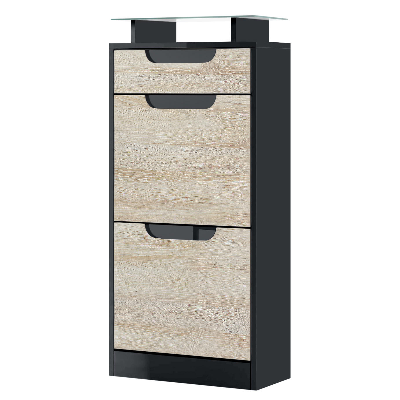 SCHUHSCHRANK Fiesta Eiche sägerau / Schwarz Hochglanz - Eiche San Remo, Holzwerkstoff (46/104/23cm) - Vladon