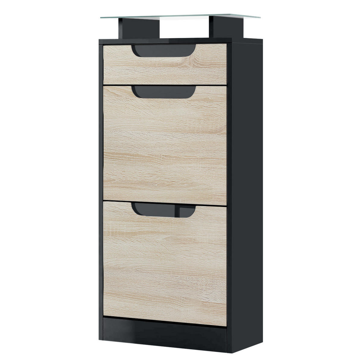 SCHUHSCHRANK Fiesta Eiche sägerau / Schwarz Hochglanz - Eiche San Remo, Holzwerkstoff (46/104/23cm) - Vladon
