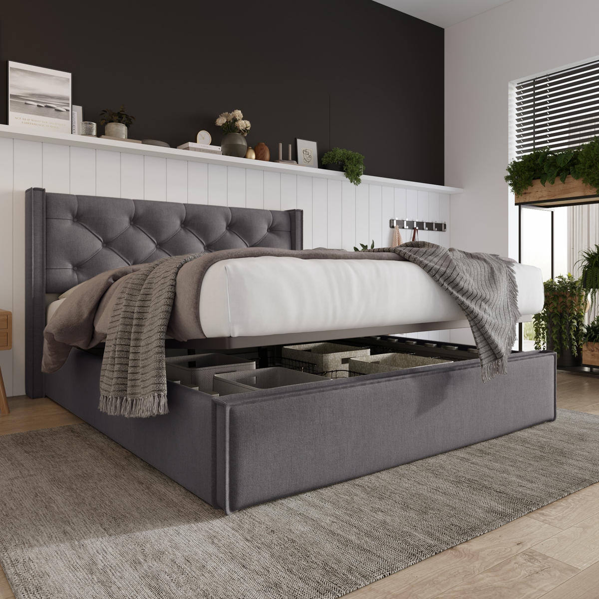 POLSTERBETT mit Bettkasten 140x200 cm Baumwolle Grau - Grau, Metall (140/200cm) - Beauniv