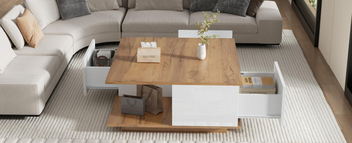 COUCHTISCH 70/70/31,5 cm mit 3 Schubladen und offenem Fach, Hochglanz-Fronten aus Spanplatte, Weiß/Walnuss - Walnussfarben, Holzwerkstoff (70/70/31.5cm) - Modfu