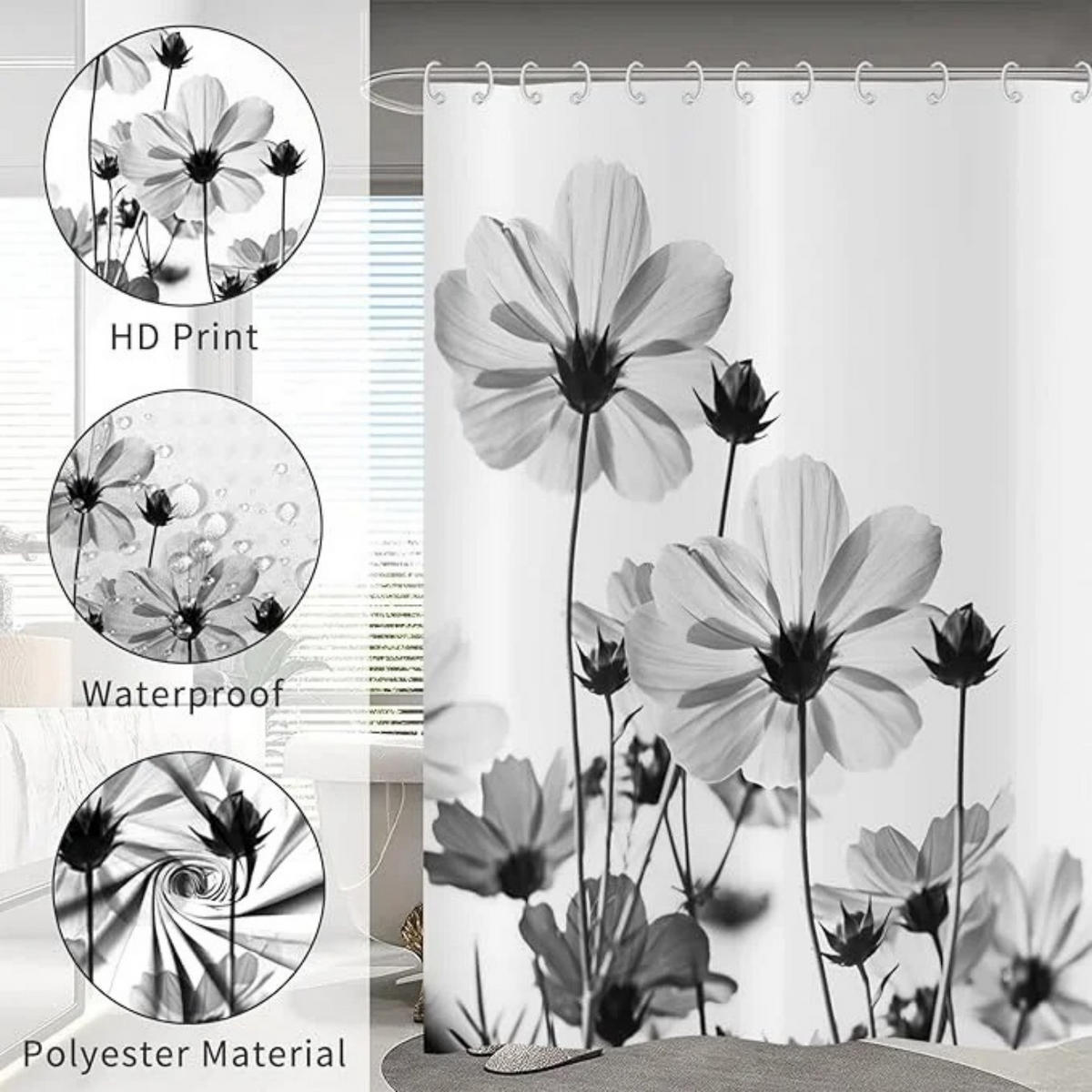 DUSCHVORHANG Grau Blumen Design wasserdicht Stoff waschbar mit Haken - Weiß, Textil (180/180cm) - MCBOSON