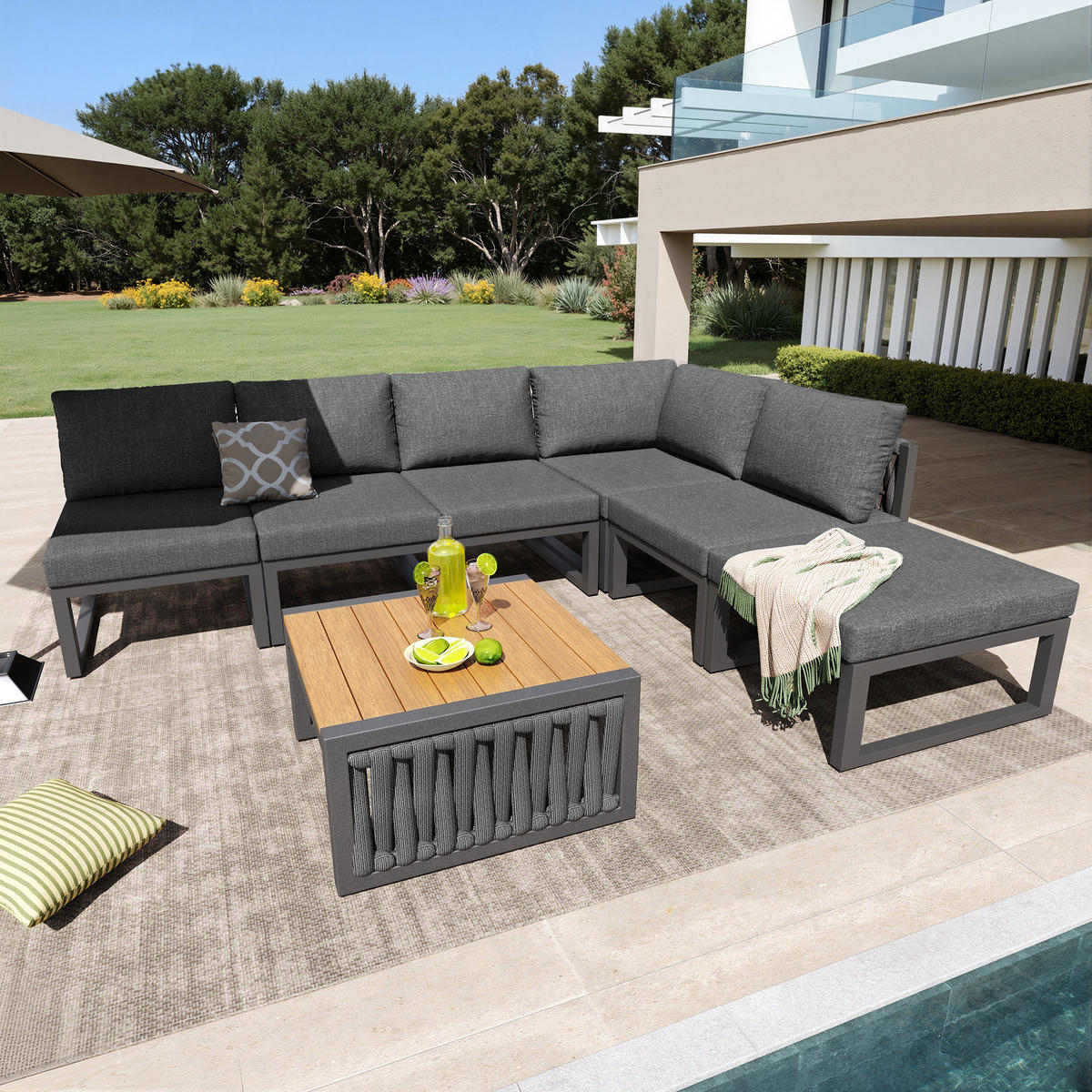 LOUNGEGARNITUR aus Metall & Polyester Grau mit 5-fach verstellbaren Rückenlehnen - Grau, Metall - Modfu