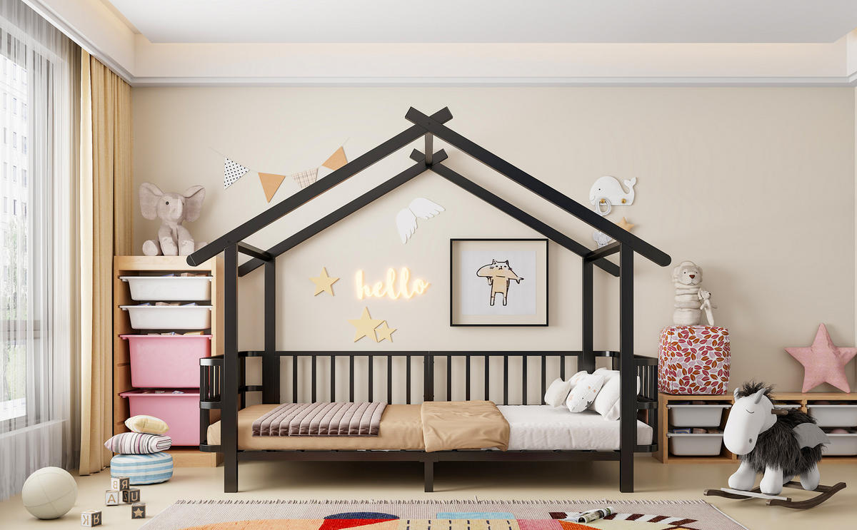 KINDERBETT 90/200 mit Sicherheitsgitter, Dachdesign und Metallrahmen in Schwarz - Schwarz, Metall (90/200cm) - EVRYAE