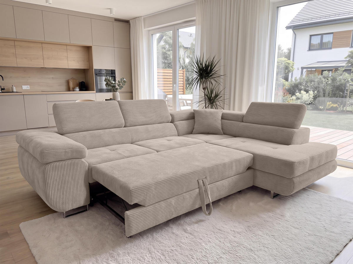 ECKSOFA L Form Konak Beige 276/201/90 cm Rechts mit Schlaffunktion - Beige/Silberfarben, Textil/Metall (276/203cm) - AX Living