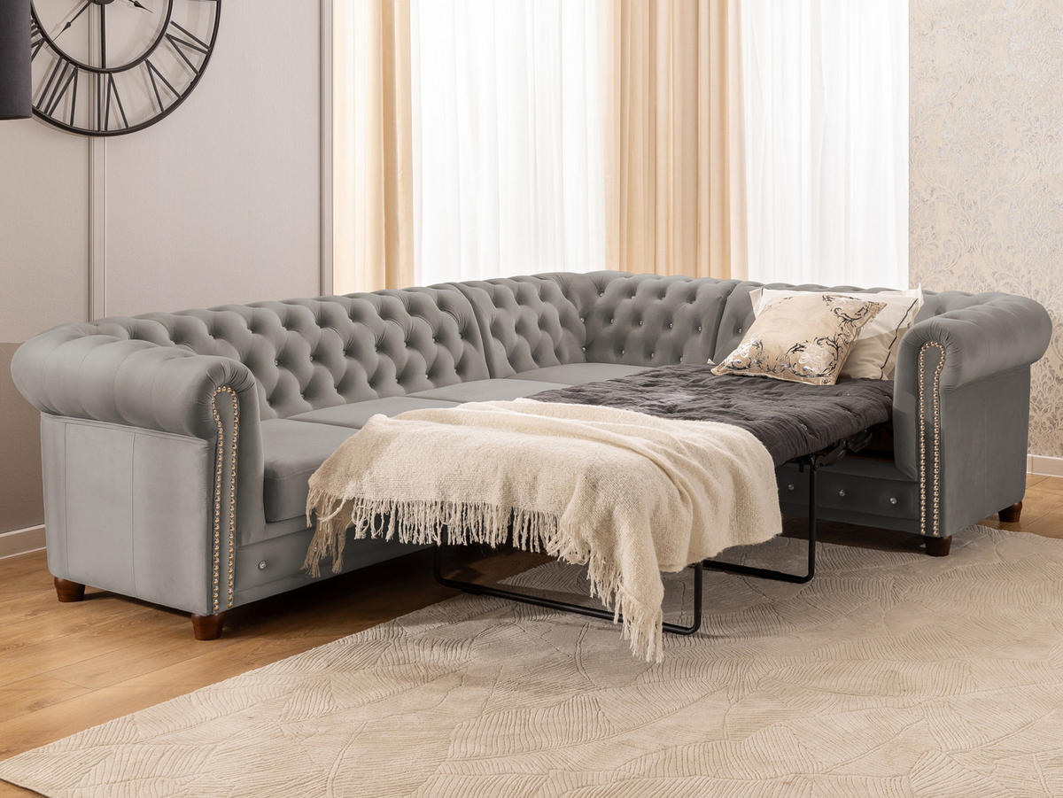 ECKSOFA mit Schlaffunktion Chesterfield Grau Samt mit Kristallsteppung und braunen Massivholzfüßen - Ottomane Rechts - Braun/Grau, Holz/Textil (264/210cm) - S-Style Möbel