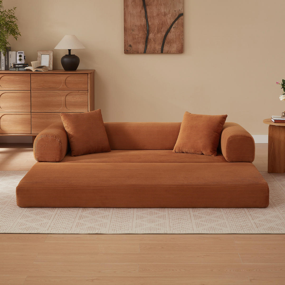 SCHLAFSOFA aus Cord in Terracotta 2-in-1 Funktion & zum Gästebett klappbar - Dunkelorange, Textil (89/59/195cm) - Urban Meuble