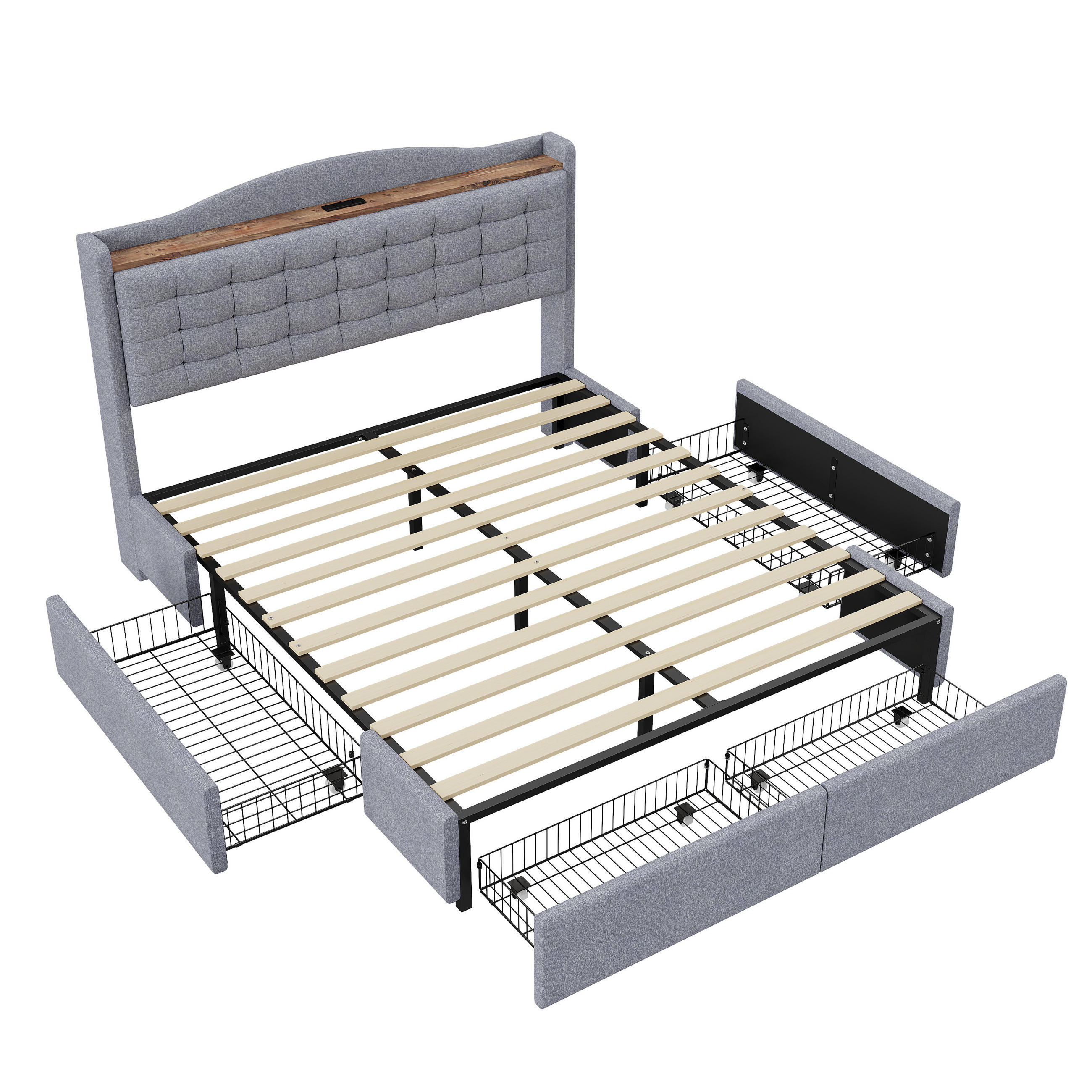 POLSTERBETT 140/200 cm grau mit Nachttisch und USB-Ladeanschluss - Grau, Textil (140/200cm) - OKWISH