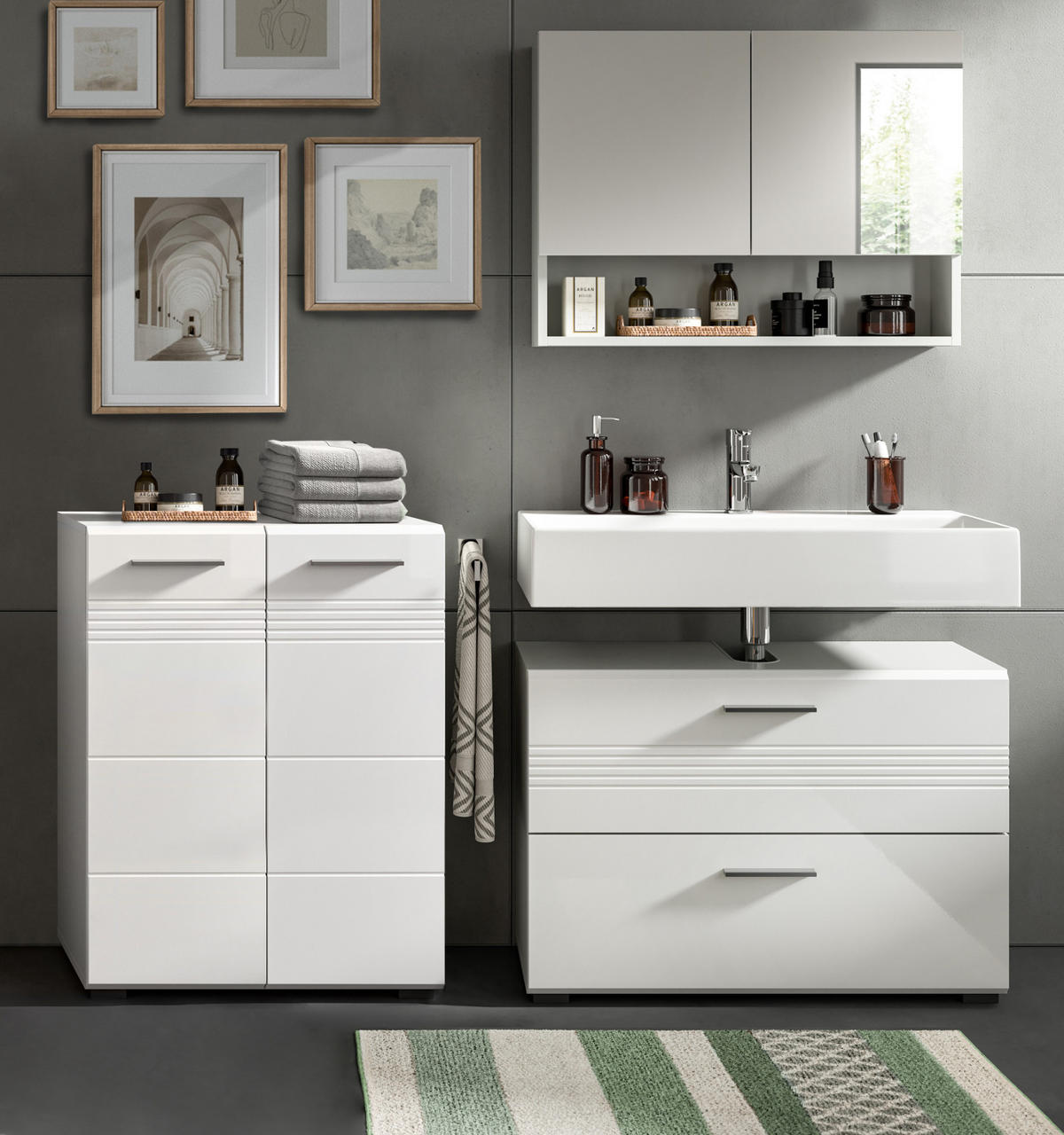 BADMÖBEL-SET 3-teilig weiß Hochglanz, grau 155 cm, Komplettset mit Soft-Close - Weiß Hochglanz/Grau, Glas/Holzwerkstoff (155/190/32cm) - Inn.Furn