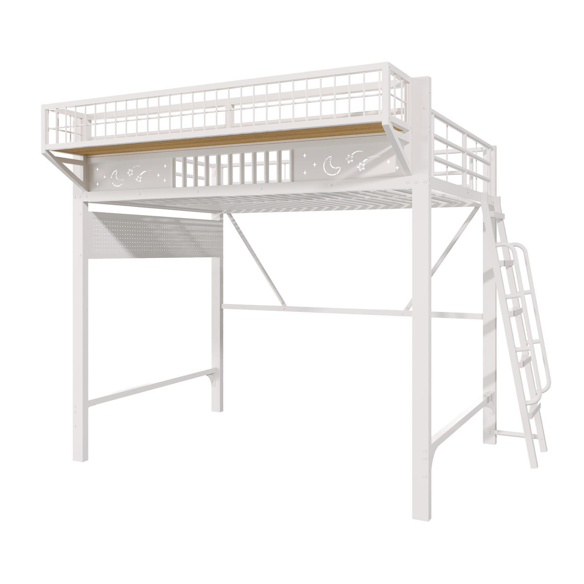 HOCHBETT 140/200 cm mit Metallgestell Weiß, Staufächern und offener Unterseite - Weiß, Metall