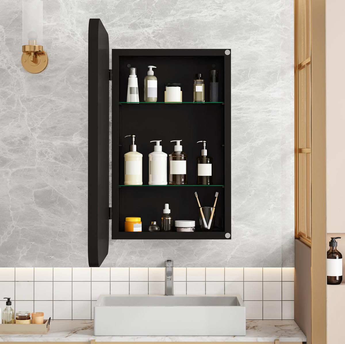 SPIEGELSCHRANK 76x51x12cm schwarz mit Aufbewahrung - Wandspiegel für Badezimmer - Schwarz, Glas (76/12/51cm) - Modfu