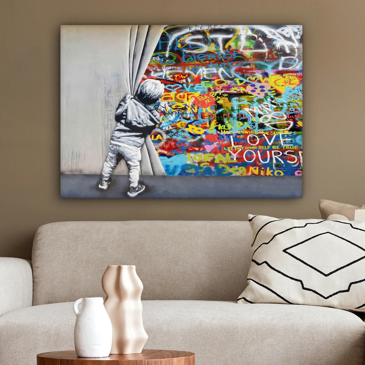 LEINWANDBILD Graffiti - Junge - Ilussie - Straßenkunst Wandbilder 80x60 cm - Hellgrau, Textil (80/60cm) - MuchoWow