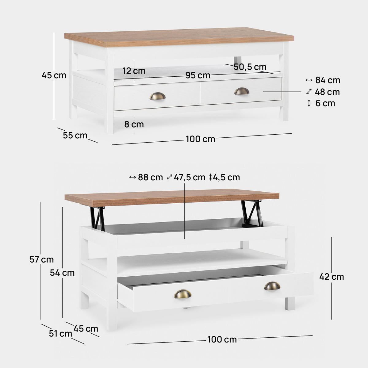 COUCHTISCH HOCHKLAPPBARER Marais Weiß 100 cm x 45-57 cm - Weiß, Holzwerkstoff (55/100/45cm) - Klast Home