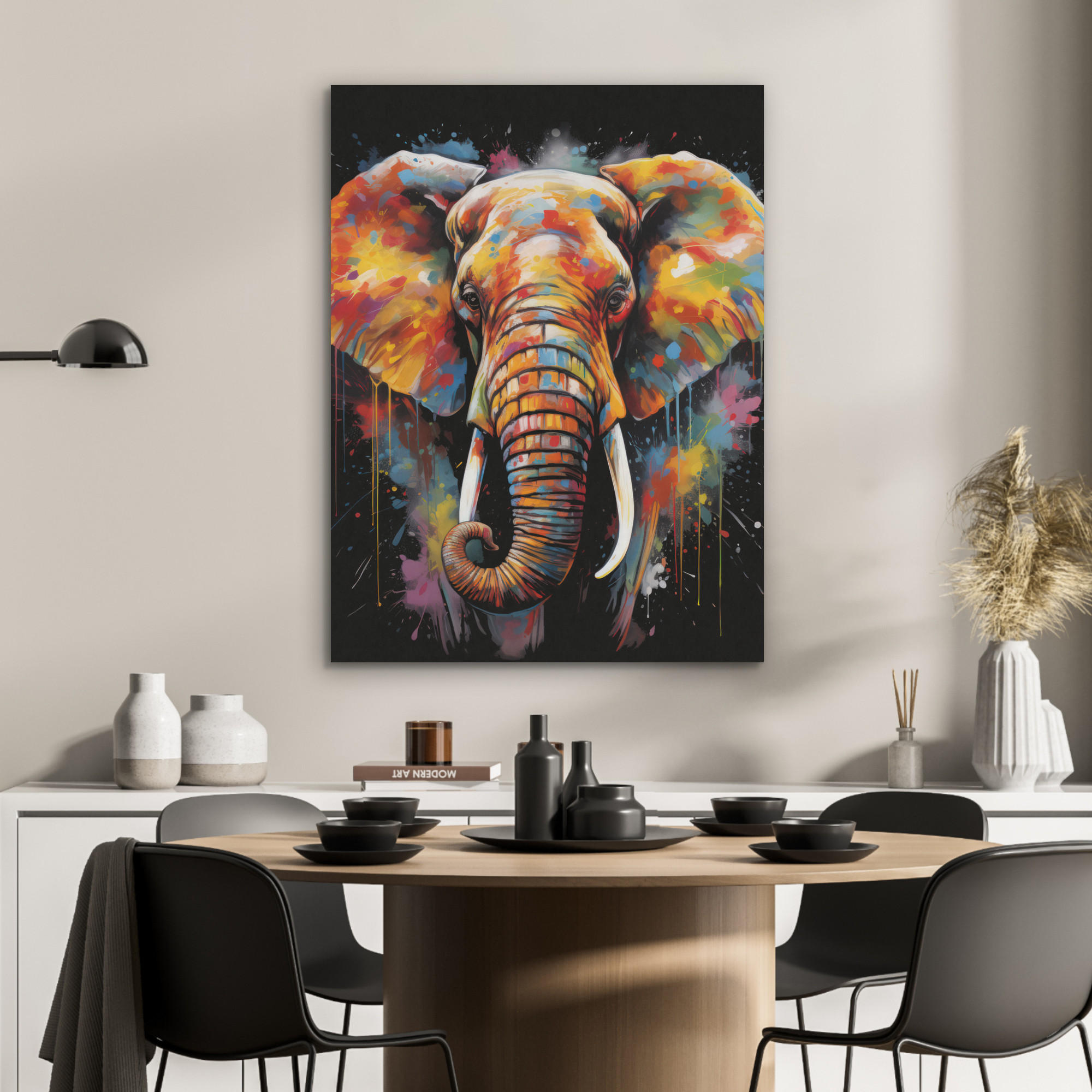 AKUSTIKPANEEL Elefant - Graffiti - Schwarz - Tiere - Farben 60x80 cm - Schwarz, Textil (60/0.9/80cm) - MuchoWow