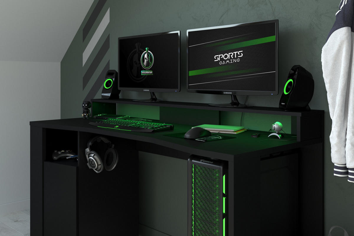 GAMINGTISCH schwarz, mit Monitorpodest und LED Beleuchtung - Schwarz, Holzwerkstoff (62/152/87cm) - Parisot Meuble