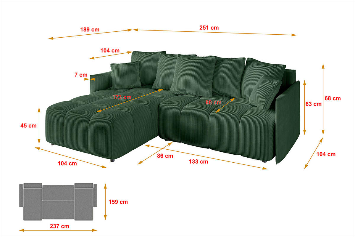 ECKSOFA Ottomane links LONLI-L 251x189x68 Grün Cord - Grün, Holzwerkstoff/Kunststoff (251/189cm) - ALTDECOR