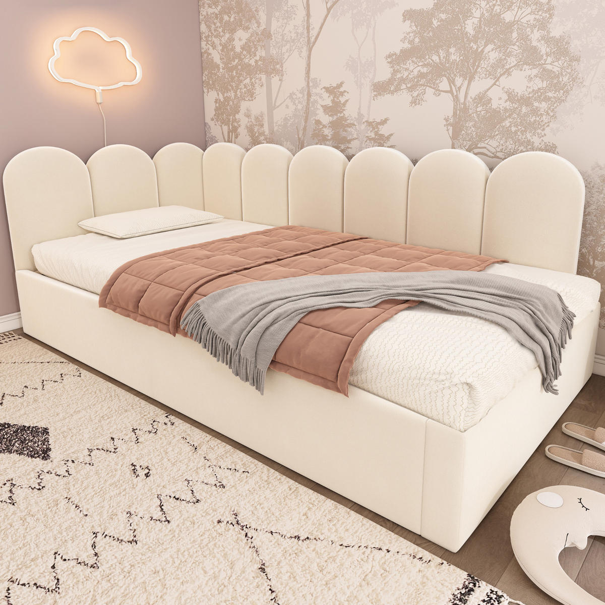 KINDERBETT Polsterbett 90/200 cm aus Samt mit Ausziehbett Beige - Beige, Textil (90/200cm) - Modenvie