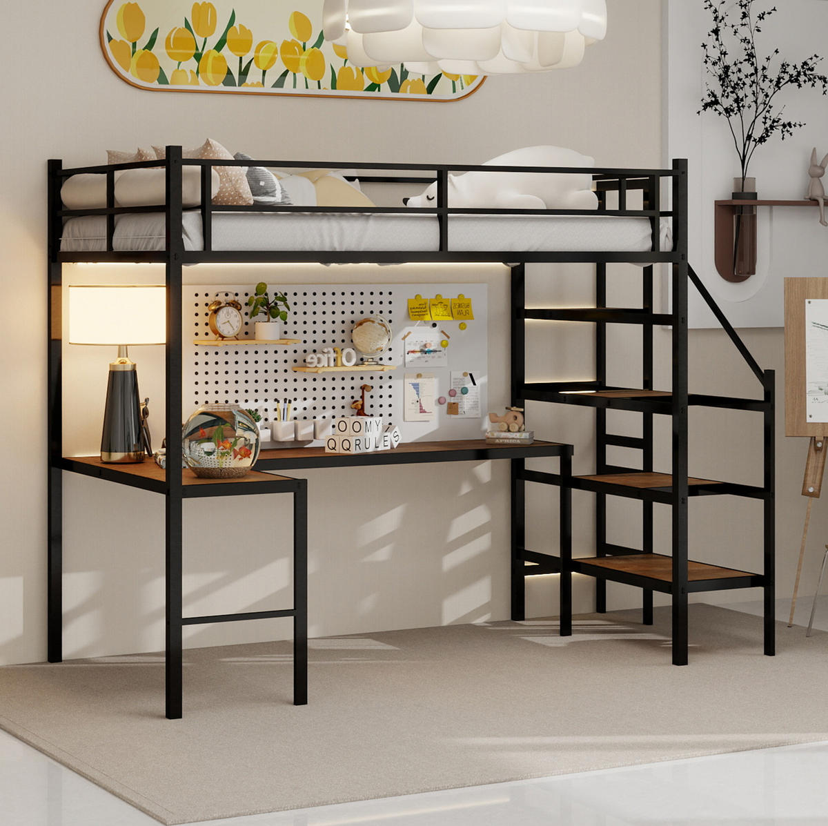 HOCHBETT 90/190 cm aus Eisen mit L-förmigem Schreibtisch und Stauraumtreppe Schwarz - Schwarz, Metall (90/190cm) - Modenvie