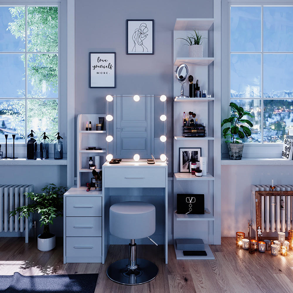 SCHMINKTISCH Conrada Weiß 80 cm mit LED Beleuchtung und Hocker - Weiß, Holzwerkstoff (80/131.6/36cm) - Vicco