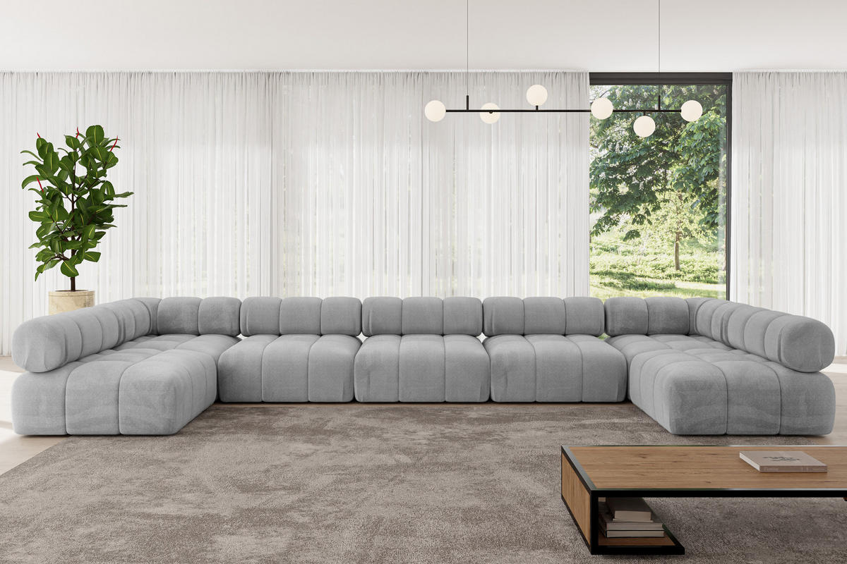 WOHNLANDSCHAFT modulares Sofa Garvo-U3 - 475x190x70 cm Hellgrau Velours - Hellgrau, Holzwerkstoff/Textil (475/70/190cm) - ALTDECOR