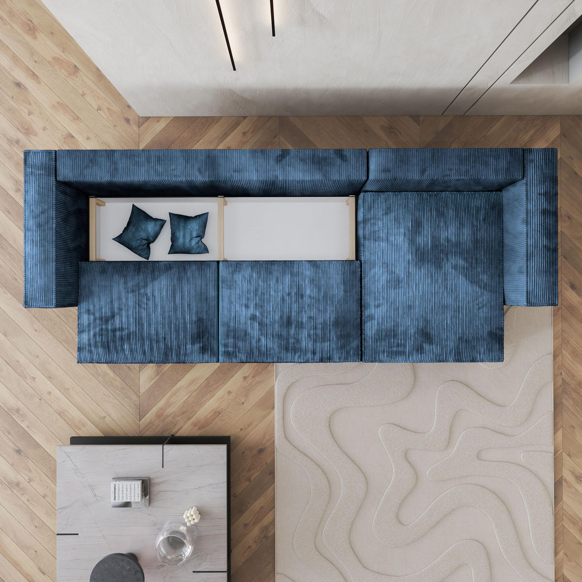 ECKSOFA TOLMO P Blau Kordstoff mit Schlaffunktion - Blau, Holz (347/148cm) - MASSENO