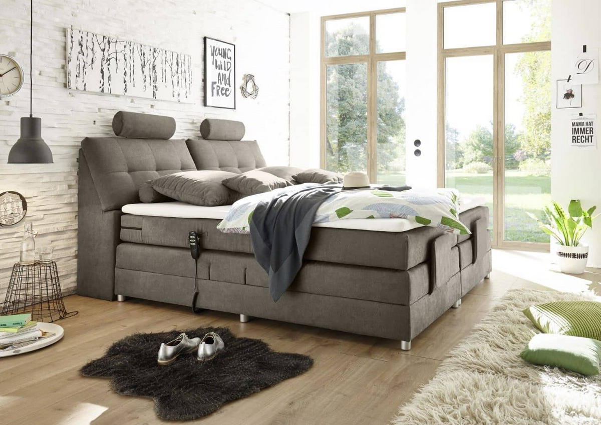 BOXSPRINGBETT inkl. Elektrofunktion, 7-Zonen-Tonnentaschen-Federkernmatratze und Komfort T25 Schaumtopper - Silberfarben/Grau, Holz/Holzwerkstoff (180/200cm) - ed exciting design