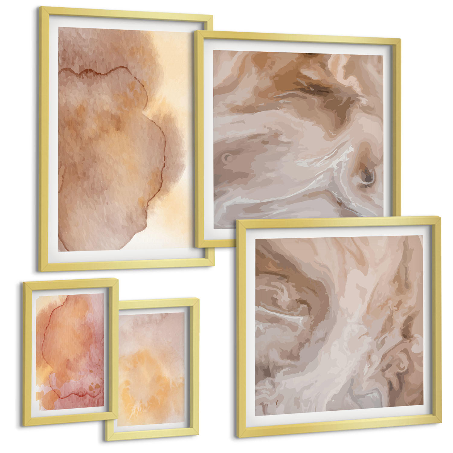BILDER SET 5er Set - 50x50 cm & 20x30 cm & 40x60 cm Goldrahmen - Warme Aquarellfarben auf Leinwand - Goldfarben, Kunststoff (40/60cm) - TULUP