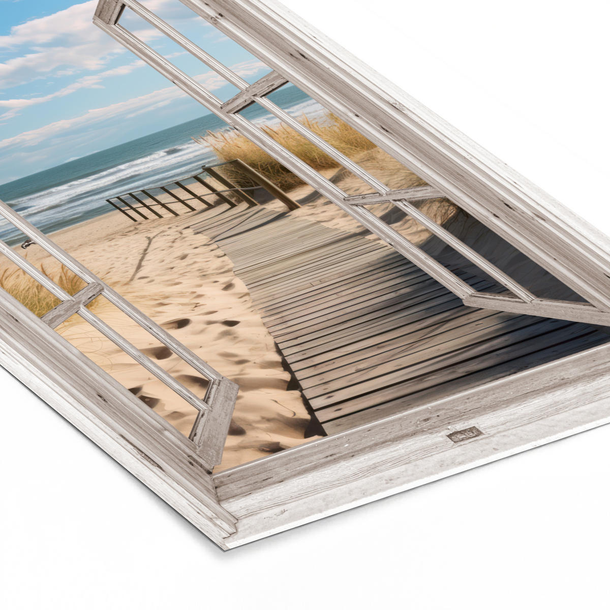 GERAHMTES BILD Fenster - Meer - Küste - Natur - Ausblick - Strand - Wattenmeer 40x60 cm - Beige, Papier (40/60cm) - MuchoWow