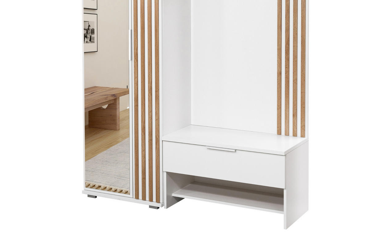 GARDEROBE MILANO 140/200 in Weiß matt mit Lamellen - Eichefarben/Weiß, Holzwerkstoff (140/200/40cm) - Deine Möbel 24