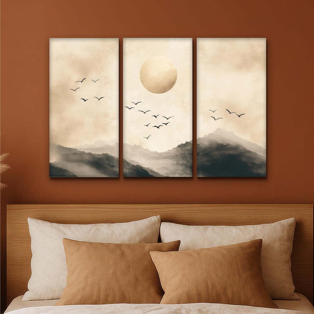 LEINWANDBILD 3er Set Landschaft - Japandi - Beige - Vögel 90x60 cm - Beige, Textil (90/60cm) - MuchoWow
