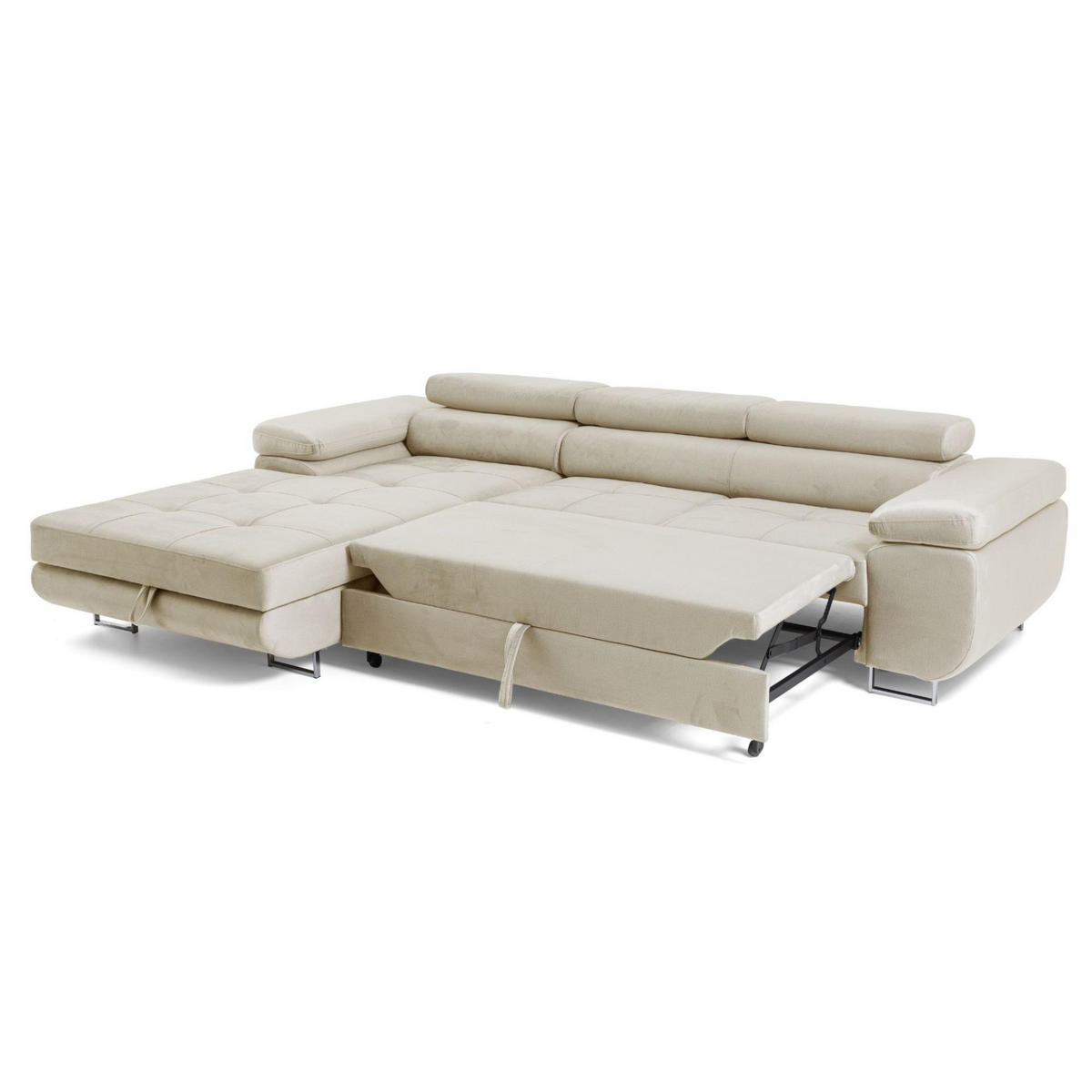 ECKSOFA ALONZO L Links mit Schlaffunktion 125x195 Velours Beige - Beige/Silberfarben, Holz/Textil (275/203cm) - Muffo