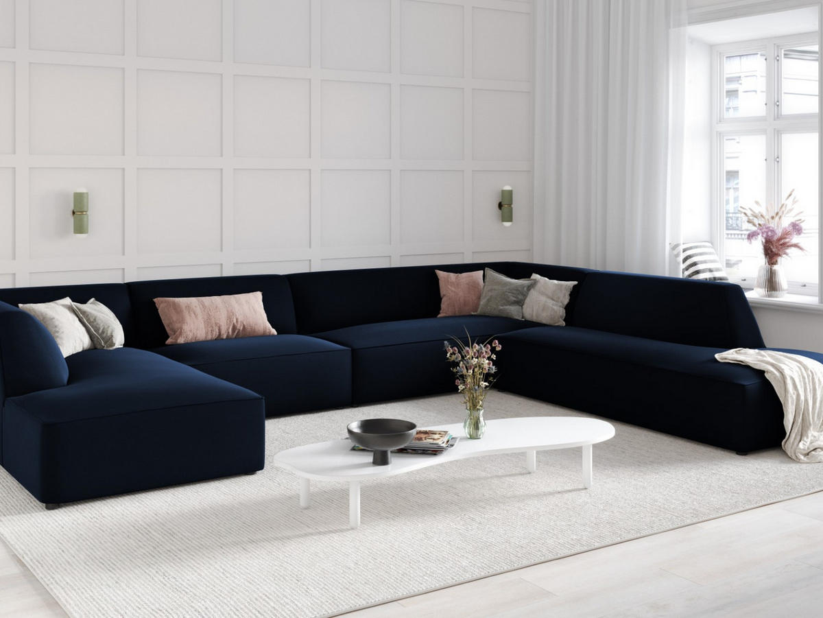 PANORAMASOFA rechts Ruby aus Samt königsblau 7 Sitzplätze - Blau, Textil (273/69/366cm) - Micadoni