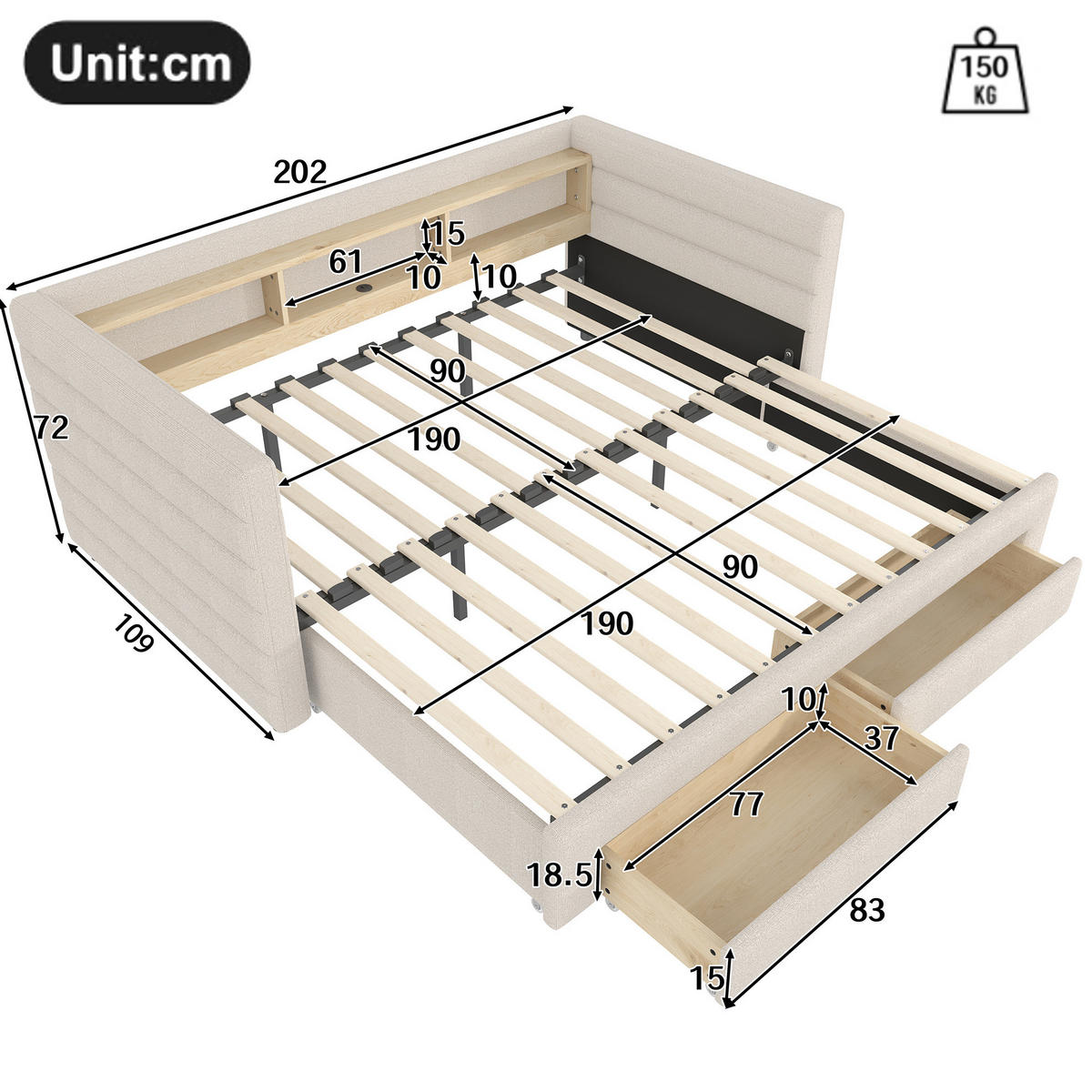 TAGESBETT 90/190 cm Beige aus Samt mit Ausziehfunktion und LED - Beige, Textil (90/190cm) - OKWISH