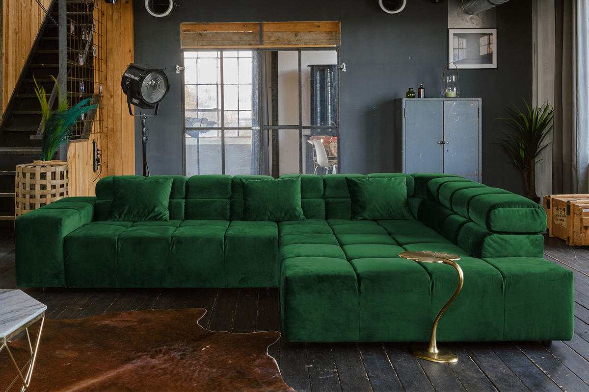 ECKSOFA MIT MOTORISCHEM SITZVORZUG NEVADA Smaragdgrün Velvet - Smaragdgrün/Schwarz, Textil (319/215cm) - KAWOLA