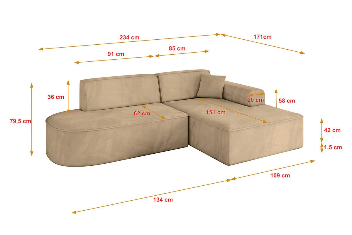 ECKSOFA Ottomane Rechts IREA-L1-v3 - 234x171x79 cm Beige - Beige, Holzwerkstoff/Textil (171/234cm) - ALTDECOR