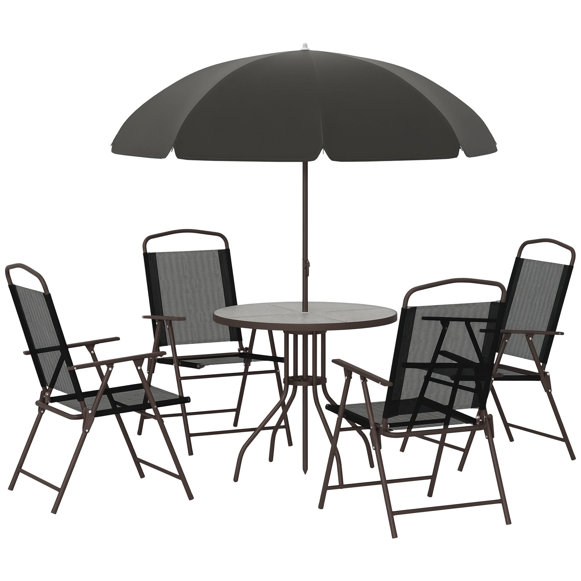 BALKONSET DE-18108 runder Tisch, 4 Klappstühle und Schirm Schwarz - Schwarz, Metall - ComfortXL