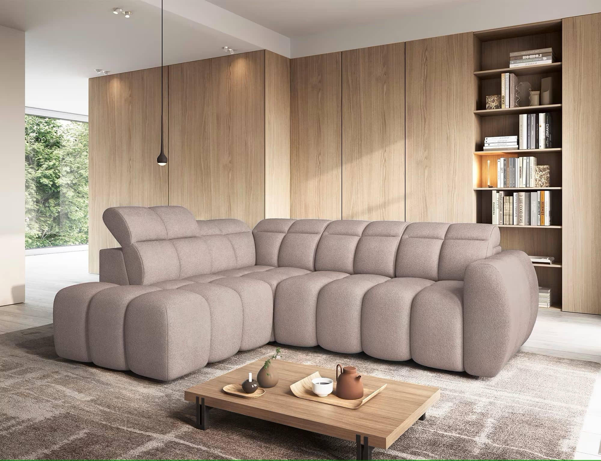 ECKSOFA mit elektrischem Sitzvorschub, Bettkasten und verstellbare Kopflehnen - Beige, Naturmaterialien/Textil (258/208cm) - Eltap