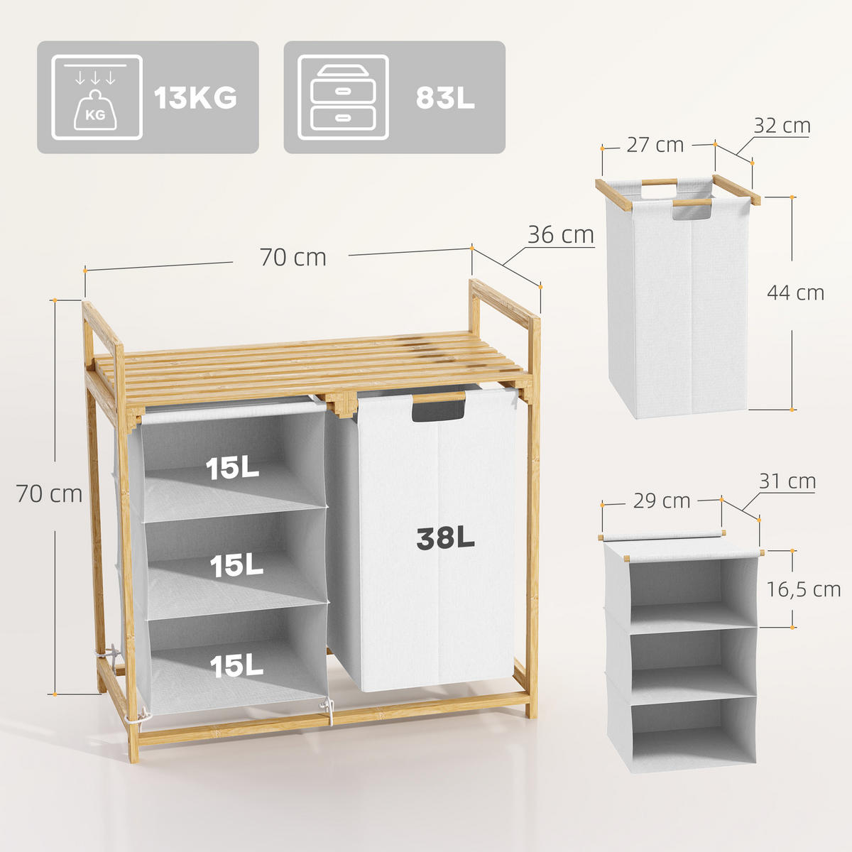 WÄSCHEKORB 4 Fächer Wäschesammler, 70 x 36 x 70 cm Bambus Weiß - Weiß, Naturmaterialien (70/70/36cm) - HOMCOM