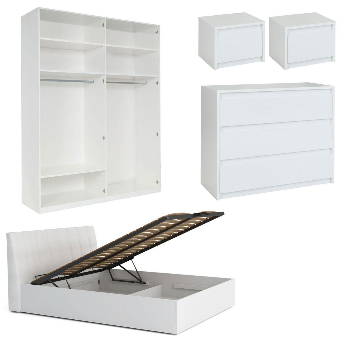 SCHLAFZIMMER-SET Italia Weiß matt / weiß hochglanz 6-teilig - Weiß Hochglanz/Weiß, Holz/Holzwerkstoff (180/200cm) - Feldmann-Wohnen