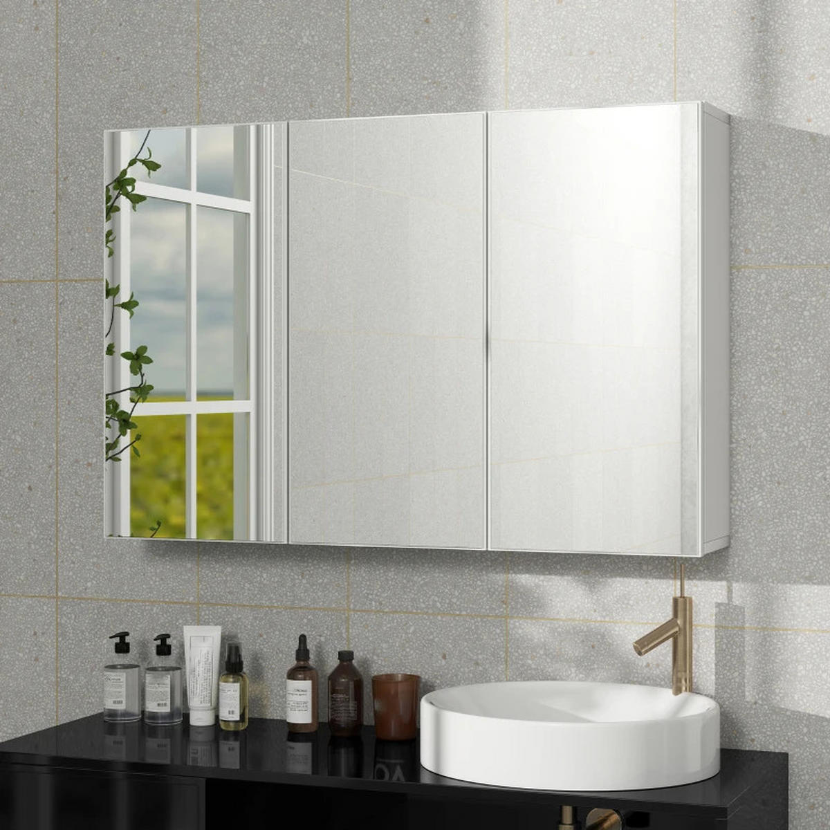BADEZIMMER Hängeschrank 90x15.5x60 cm Weiß mit 3 Spiegeltüren & 5 Regalen - Weiß, Glas (90/60/15.5cm) - Modfu