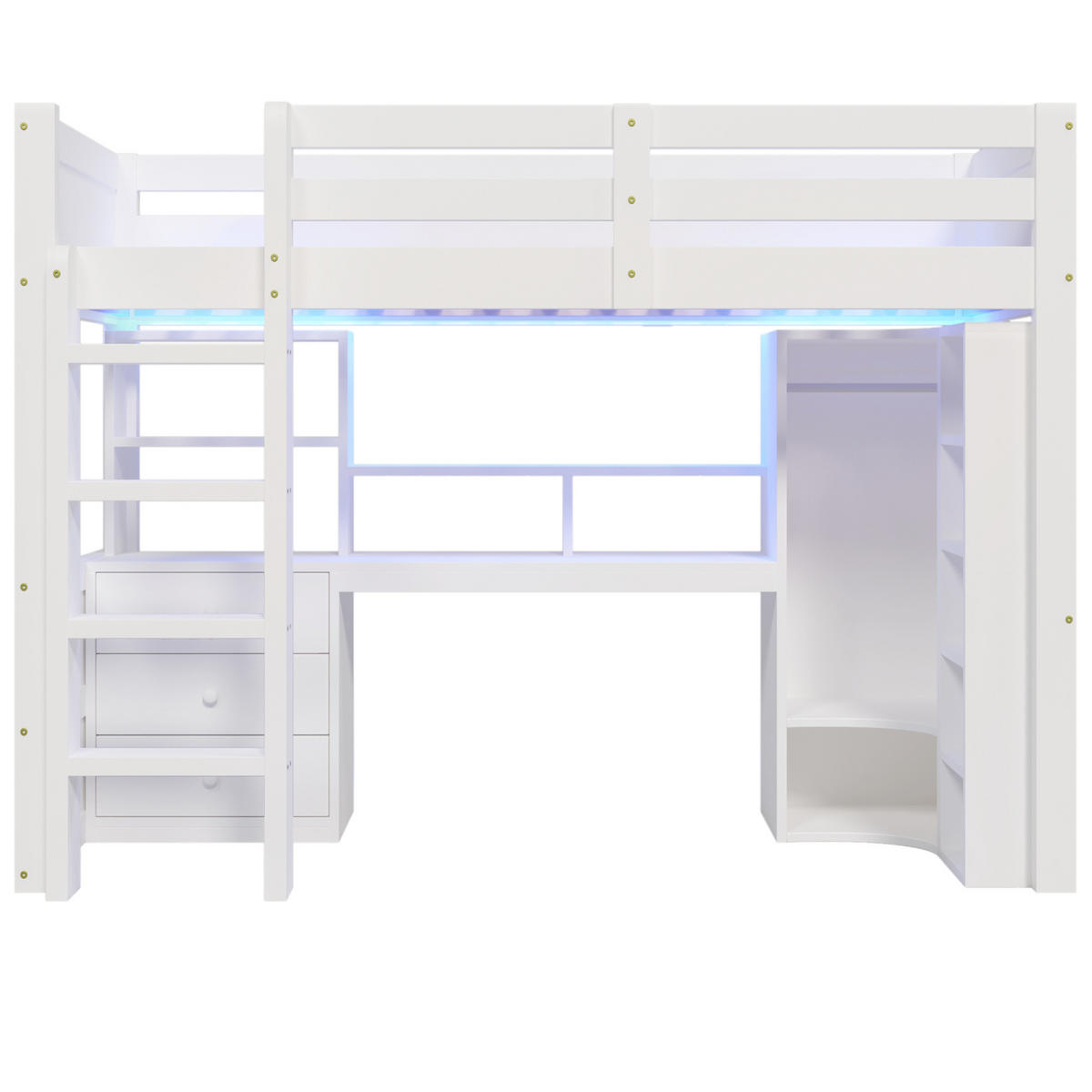 HOCHBETT 90/200 cm in Weiß mit LED-Beleuchtung, Schreibtisch und Kleiderschrank - Weiß, Holzwerkstoff (90/200cm) - Flora Grace