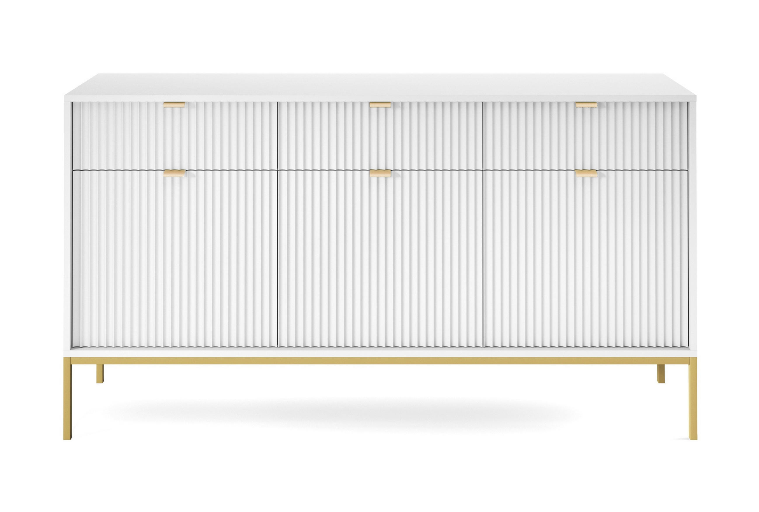 SIDEBOARD Eternas 3T 3S Weiß 154/83/39 cm – goldene Füße, mit geriffelten Fronten - Goldfarben/Weiß, Holzwerkstoff (154/83/39cm) - AX Living