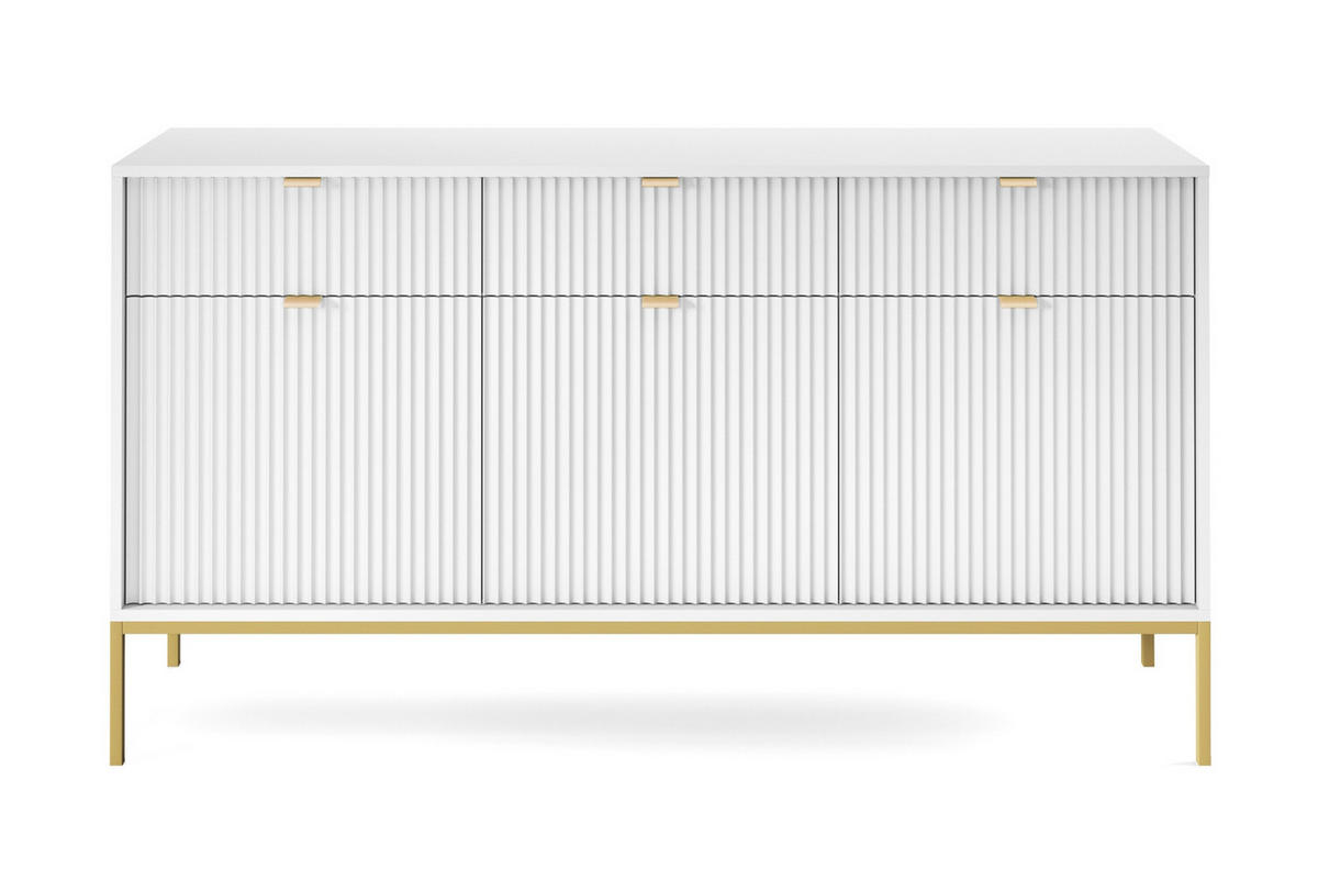 SIDEBOARD Eternas 3T 3S Weiß 154/83/39 cm – goldene Füße, mit geriffelten Fronten - Goldfarben/Weiß, Holzwerkstoff (154/83/39cm) - AX Living
