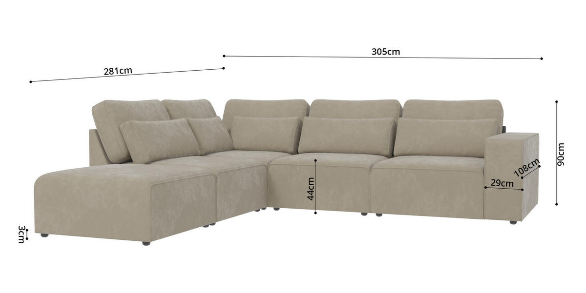 ECKSOFA modularer Leox Beige Samt-Stoff - Beige/Schwarz, Kunststoff/Textil (305/281cm) - S-Style Möbel