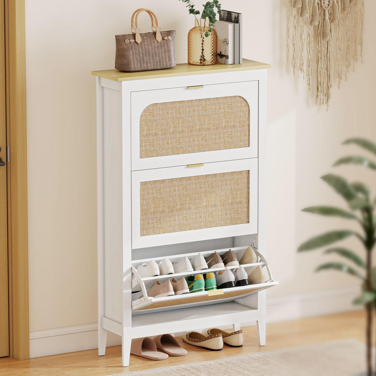 SCHUHSCHRANK DE-15045 Boho-Design mit 3 Klapptüren & Rattan-Optik Weiß - Weiß, Holzwerkstoff (80/131/24cm) - ComfortXL