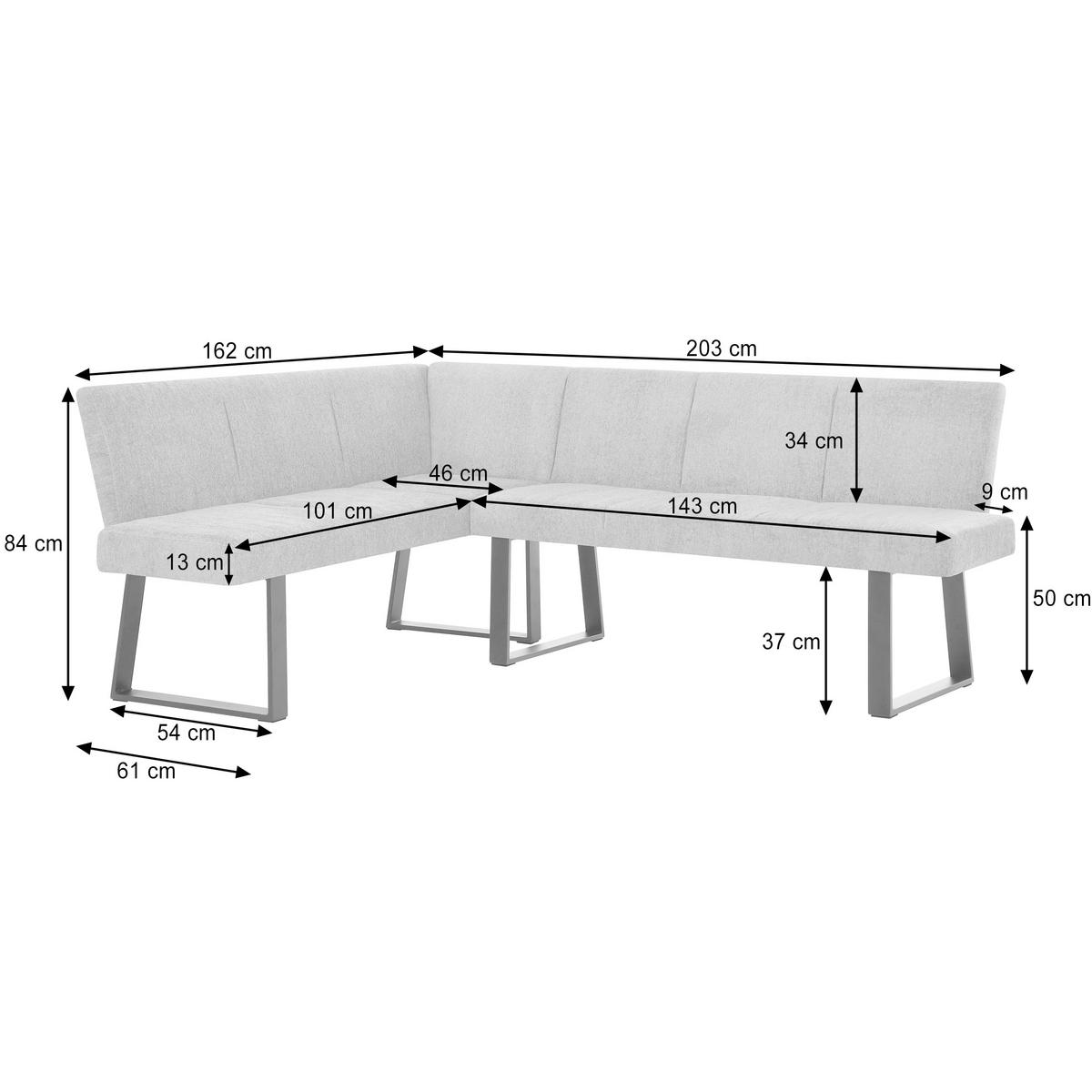 ECKBANK Velto 203x162 cm, mit Metallbeinen, Raven-Stoff, Grau - Schwarz/Grau, Metall (203/162cm) - Beautysofa