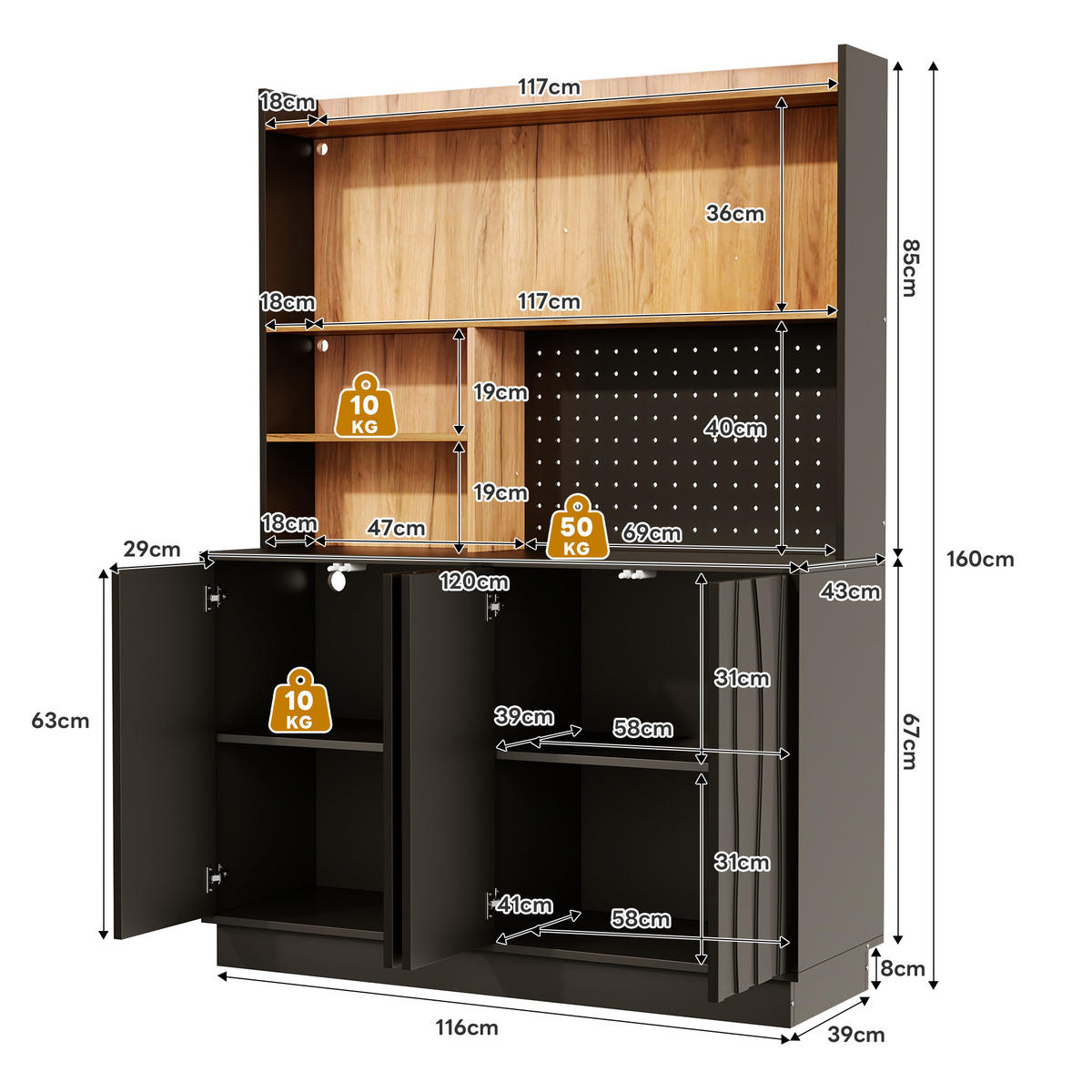 BUFFET DE-38743 120/43/160 cm LED-Beleuchtung und Lochwand Schwarz - Schwarz, Holzwerkstoff (120/160/43cm) - ComfortXL